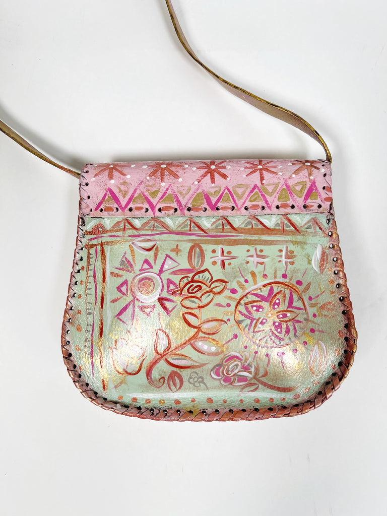 Coraline up-cycled hand painted leather shoulder handbag by Mer Rose Atelier