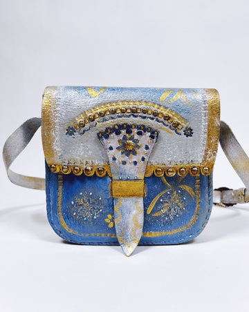 Eleni up-cycled hand painted leather shoulder purse  by Mer Rose Atelier.