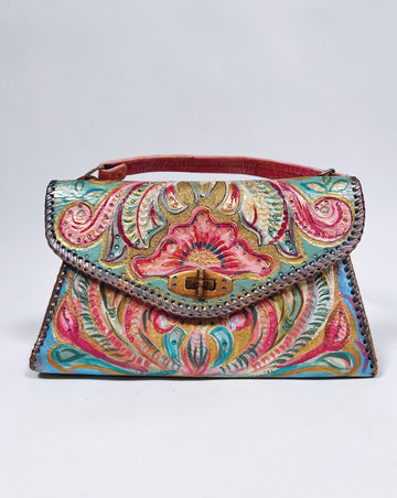 Milly top handle hand painted leather purse by Mer Rose Atelier