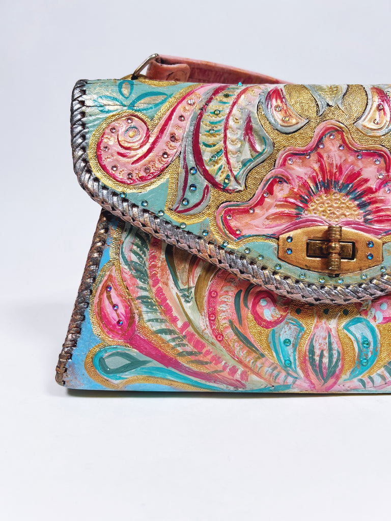 Milly top handle hand painted leather purse by Mer Rose Atelier