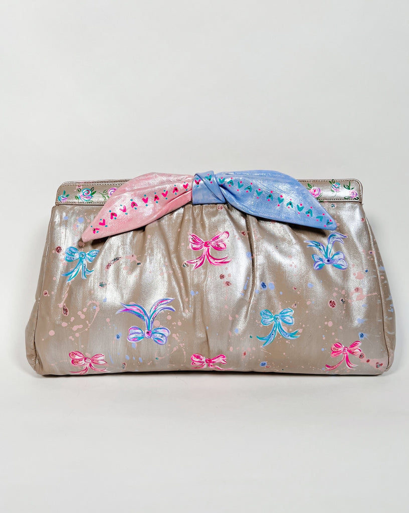 Upcycled, hand painted, one-of-a-kind clutch real leather handbag by Mer Rose Atelier, Marla Meridith.