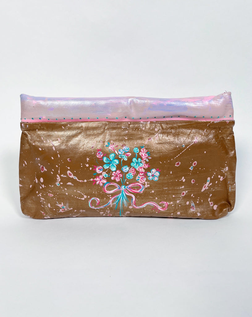 Beautiful hand painted, one-of-a-kind vintage real leather clutch with bow by Mer Rose Atelier, artist Marla Meridith.