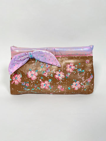 Beautiful hand painted, one-of-a-kind vintage real leather clutch with bow by Mer Rose Atelier, artist Marla Meridith.