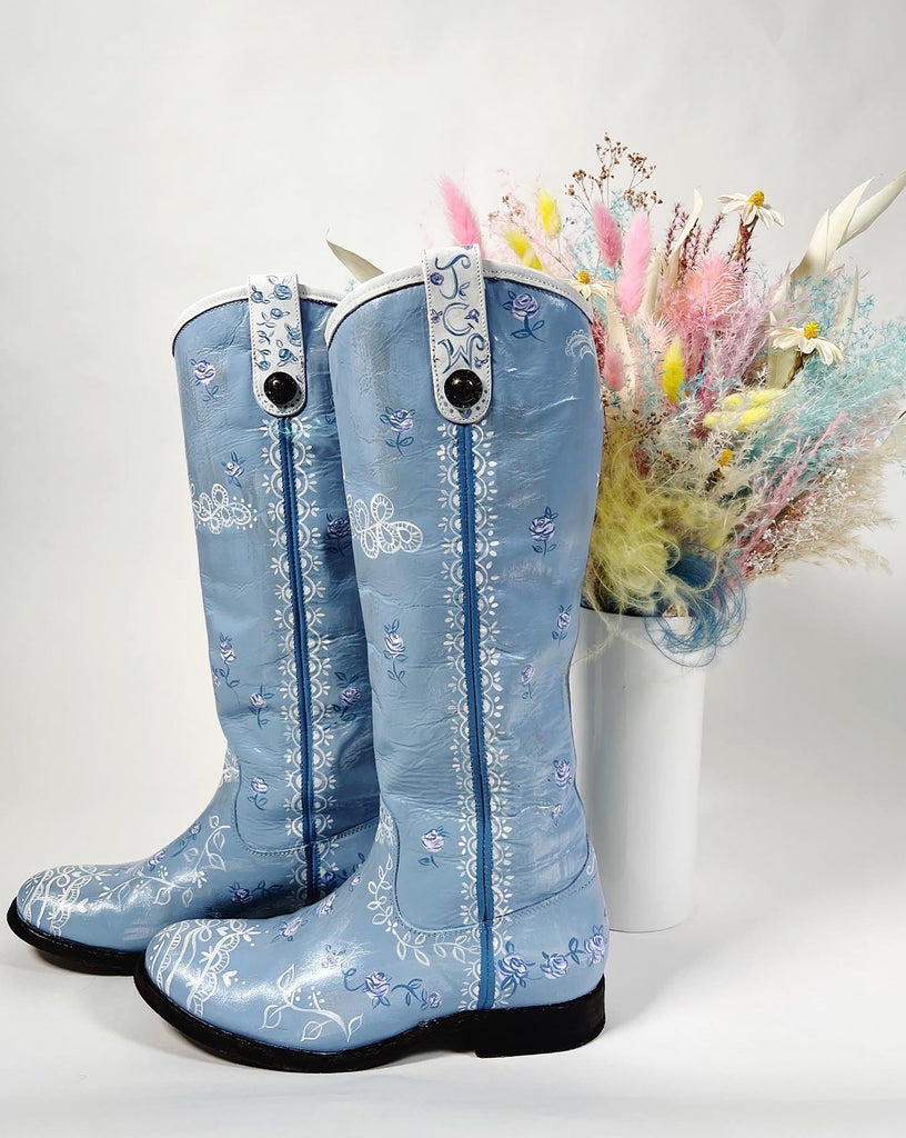 Hand painted, one-of-a-kind, up cycled leather boots by Marla Meridith, Mer Rose Atelier