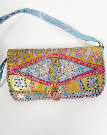 Mer Rose Atelier hand Painted, one-of-a-kind crossbody up cycled leather hand bag by artist Marla Meridith
