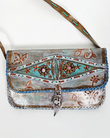 Mer Rose Atelier hand Painted, one-of-a-kind crossbody up cycled leather hand bag by artist Marla Meridith