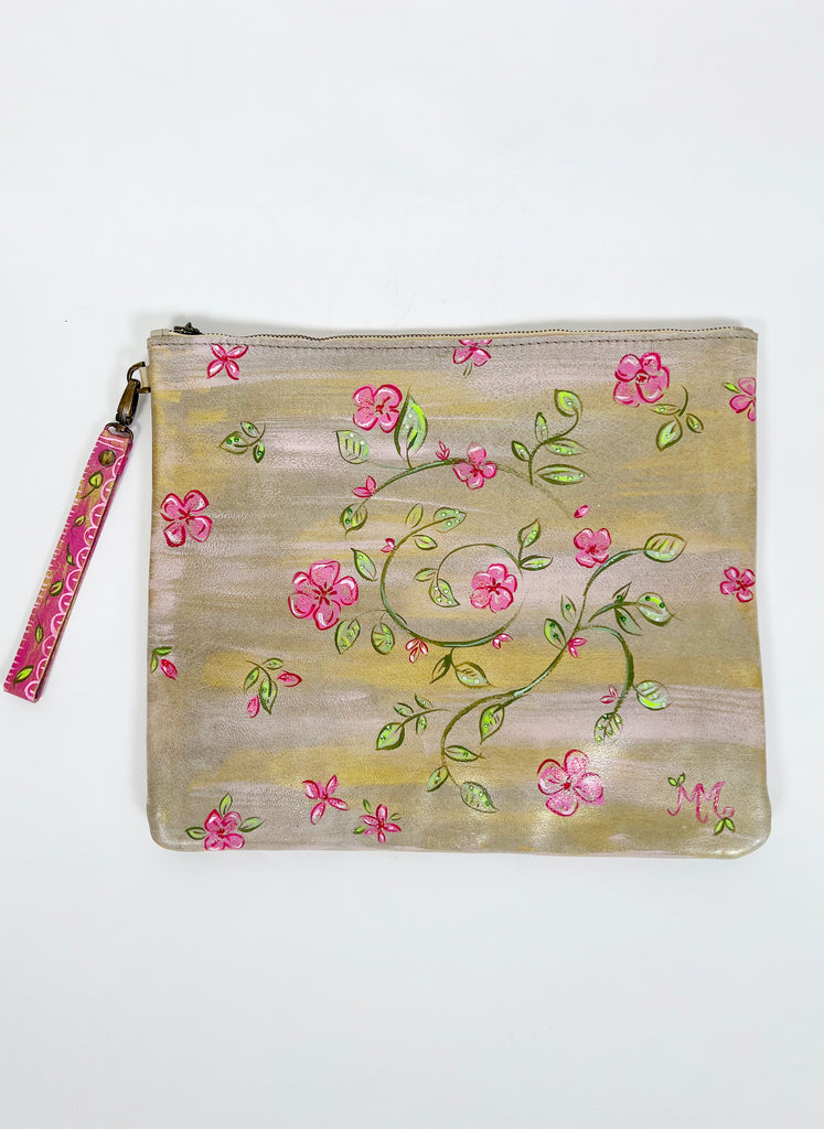 Callie handpainted clutch with pink flowers and lace by Mer Rose Atelier.