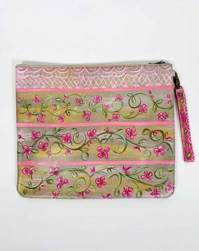 Callie handpainted clutch with pink flowers and lace by Mer Rose Atelier.