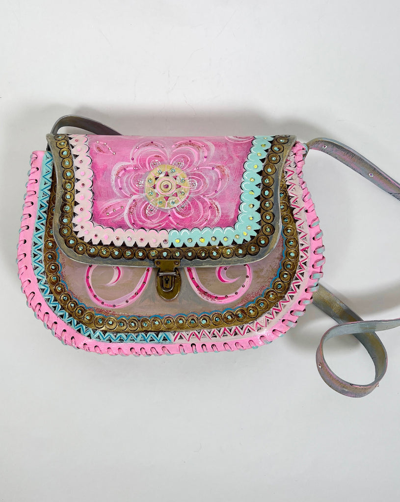 Mer Rose Atelier Beatrice pink/turquoise/gold handpainted vintage leather handbag.