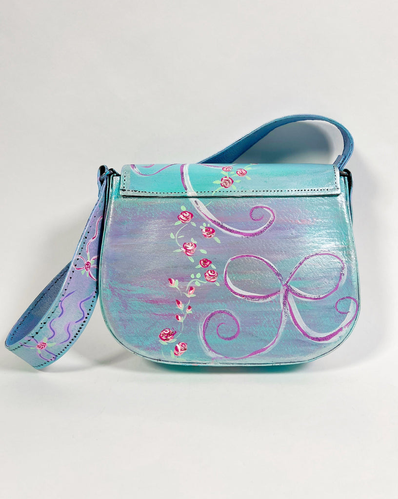 One-of-a-kind, hand painted, up cycled Mer Rose Atelier leather bag by artist  Marla Meridith