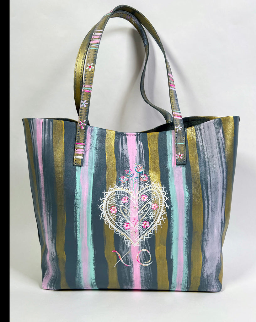 One-of-a-kind, hand painted, up cycled Mer Rose Atelier leather bag by artist  Marla Meridith