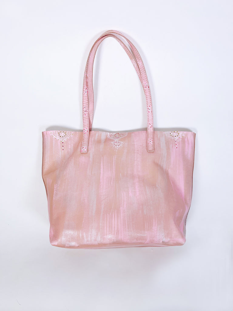 Mer Rose Atelier Colette pink tote bag hand painted with a lace pattern.