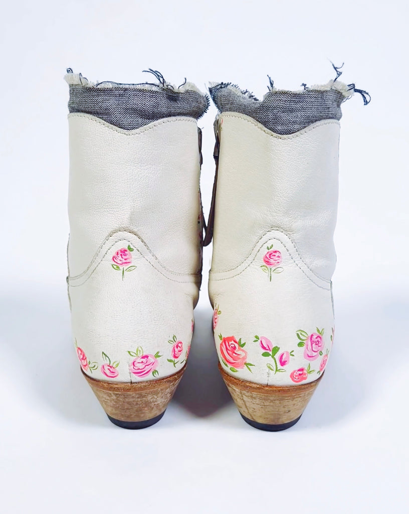 Upcycled, hand painted, one-of-a-kind clutch real leather hand boots by Mer Rose Atelier, Marla Meridith.