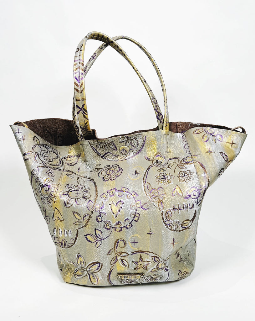 Madelina upcycled, hand-painted, leather tote with skull artwork by Marla Meridith for Mer Rose Atelier