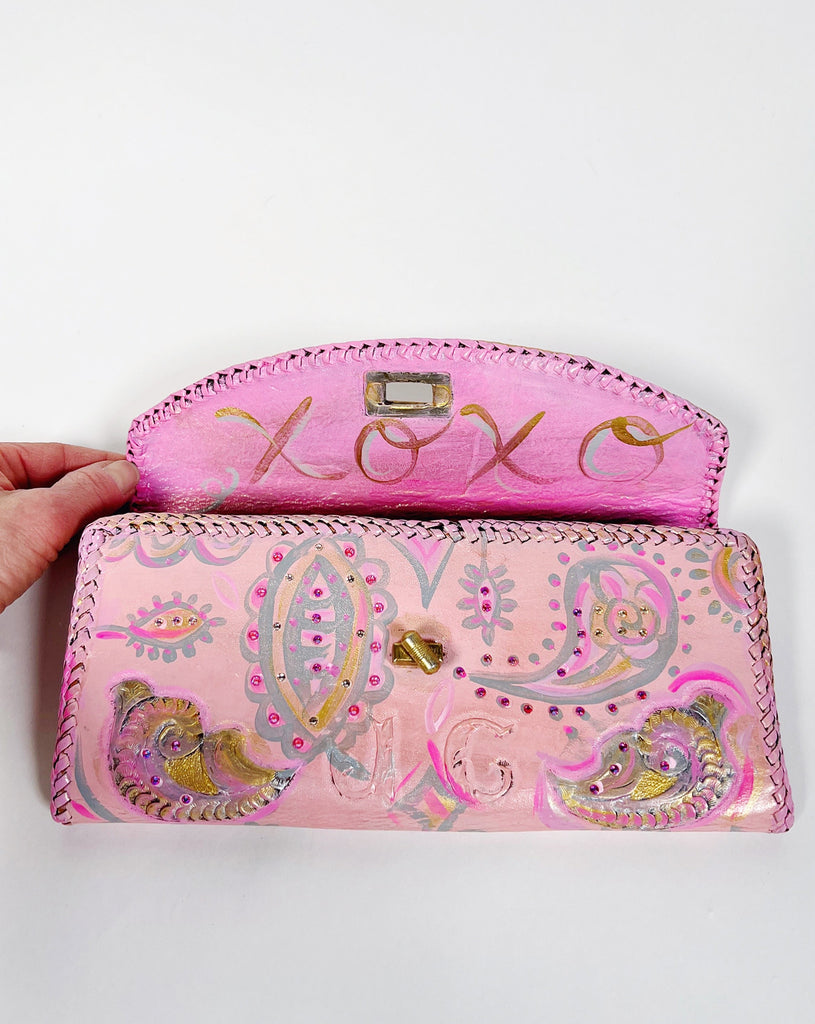 Hand painted, up cycled pink leather wallet from Mer Rose Atelier