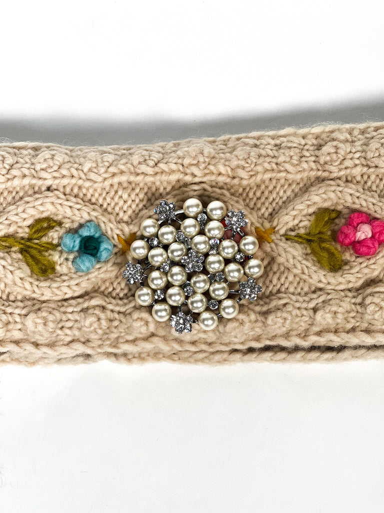 French Knot hand crafted headband with crystal brooch on Mer Rose Atelier 