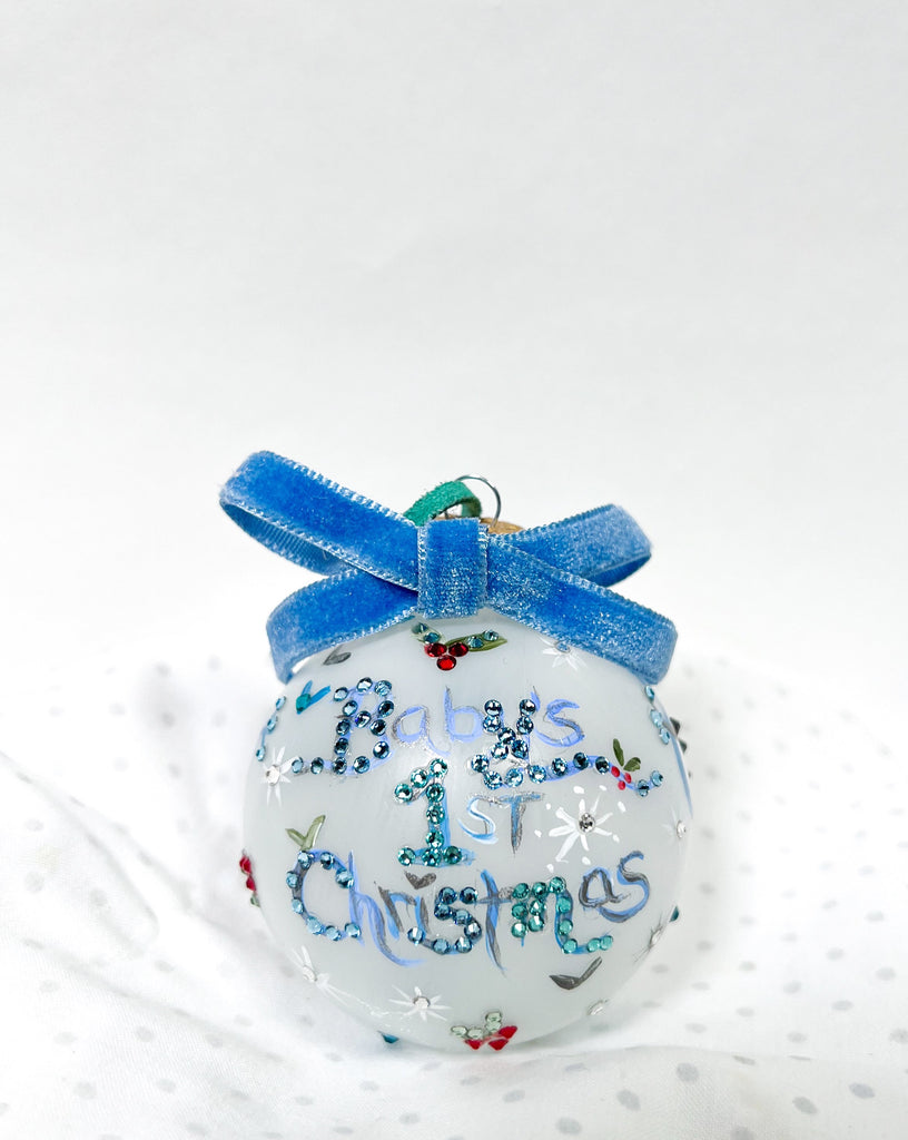 Baby's first Christmas hand painted, one-of-a-kind holiday ornaments available to shop on Mer Rose Atelier