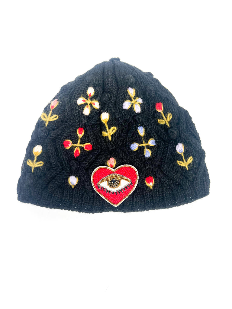 Black Edith hand knit hat by French Knot & Evil Eye Brooch on Mer Rose Atelier by Marla Meridith