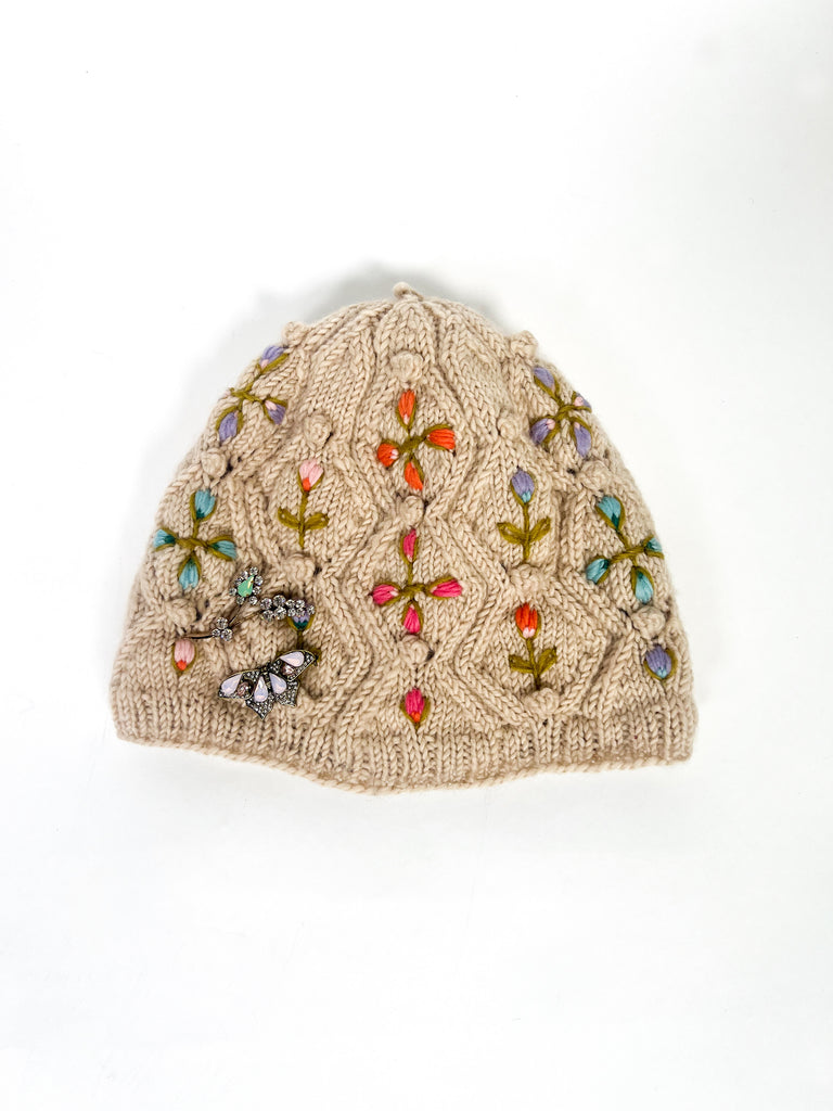 French Knot hand crafted Tilly Hat on Mer Rose Atelier with brooches